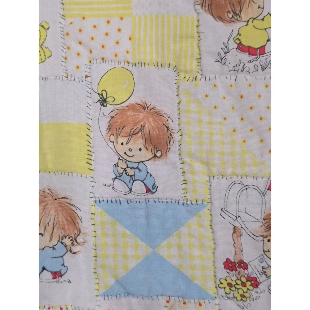 Vintage Lil Shavers Patchwork Baby‎ Quilt Child Yellow Little 1970 Mop Top Hair
